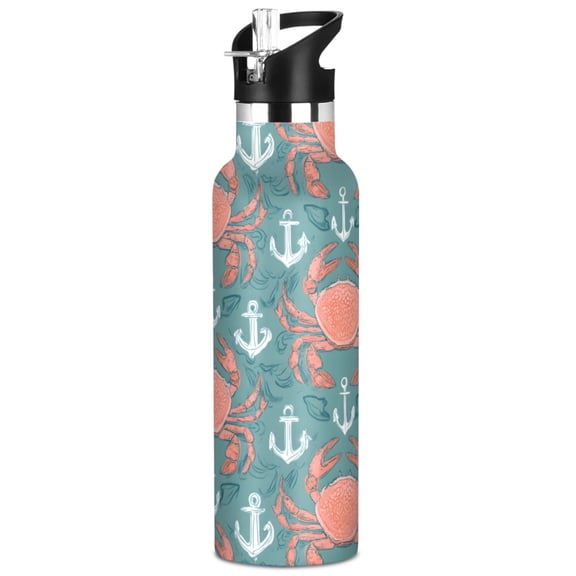 ALAZA Summer Anchors Crabs Pattern Stainless Steel Water Bottle Vacuum Insulated Leak-Proof Tumbler with Straw Handle 20oz