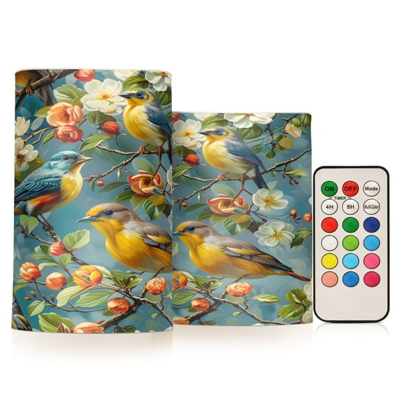 ALAZA Summer Birds Jasmine Flower 2 PCs LED Flickering Flameless Candles with Remote Timer Battery Operated Candle