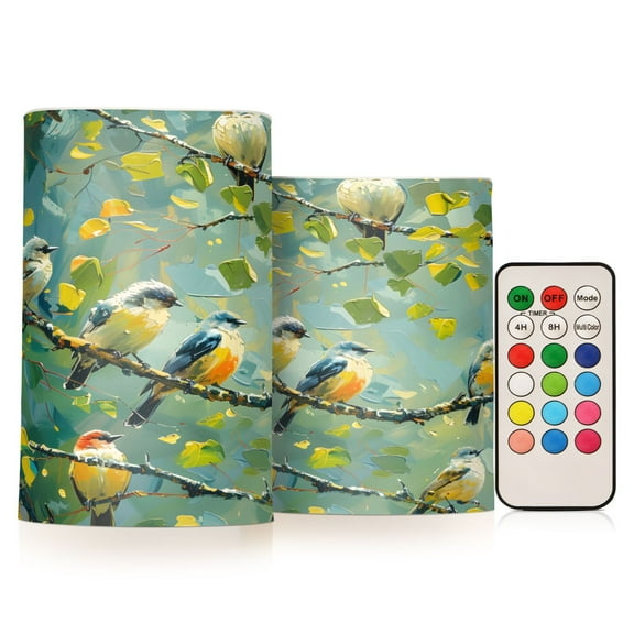 ALAZA Summer Birds on Tree 2 PCs LED Flickering Flameless Candles with Remote Timer Battery Operated Candle