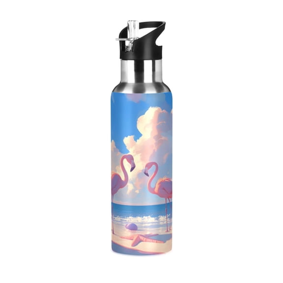 ALAZA Summer Flamingo on Beach Water Bottle Insulated Flask Stainless Steel Straw Lid 20 oz