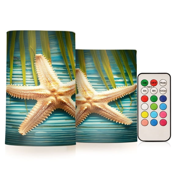 ALAZA Summer Palm Leaf Sea Star 2 PCs LED Flickering Flameless Candles with Remote Timer Battery Operated Candle