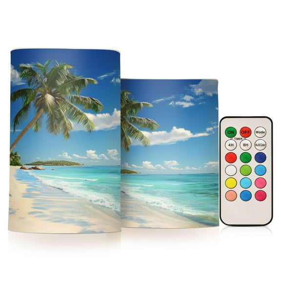 ALAZA Summer Palm Tree Beach 2 PCs LED Flickering Flameless Candles with Remote Timer Battery Operated Candle