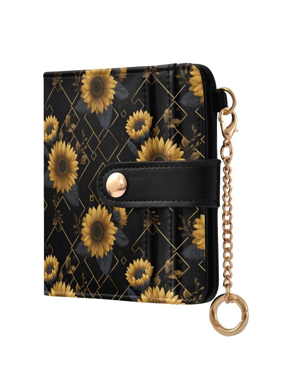 Sunflowers Pattern RFID Blocking Bifold Wallet Women Compact Card Holder with ID Window Zipper Coin Pocket