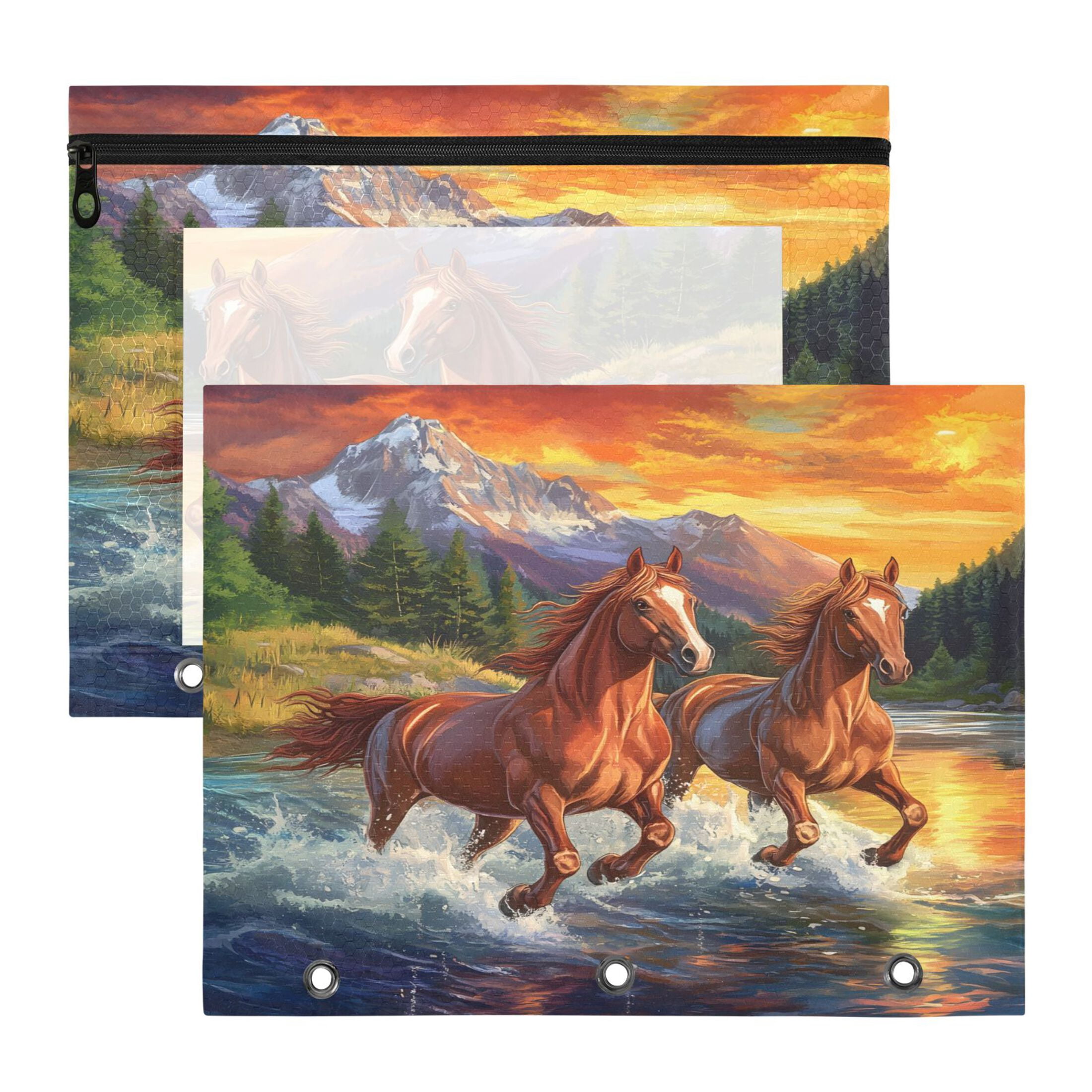ALAZA Sunset Running Horses Pattern Pencil Pouch 3 Ring Binder with ...