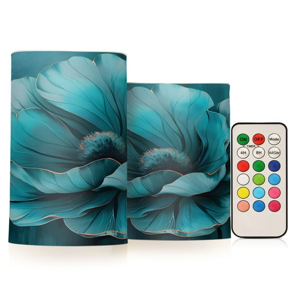 ALAZA Teal Flower 2 PCs LED Flickering Flameless Candles with Remote Timer Battery Operated Candle