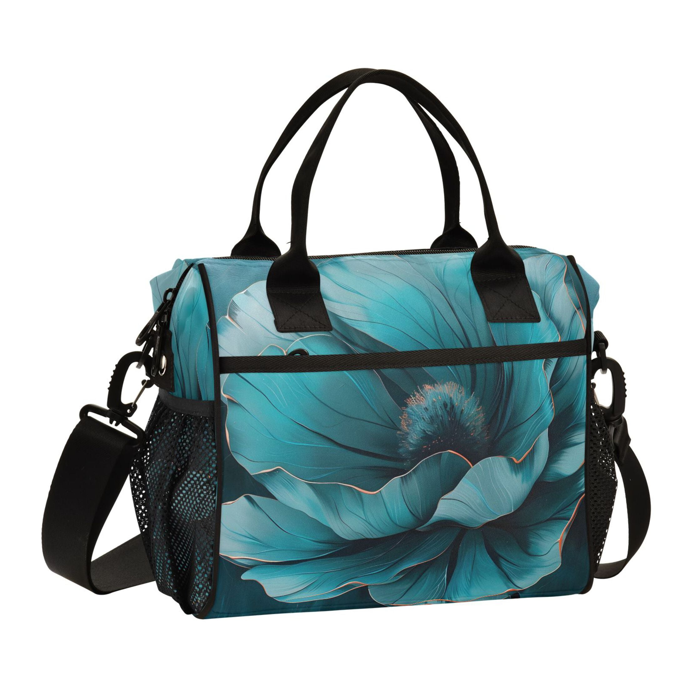 ALAZA Teal Flower Insulated Lunch Bag Reusable Tote Box Adjustable Shoulder Strap for Work Picnic