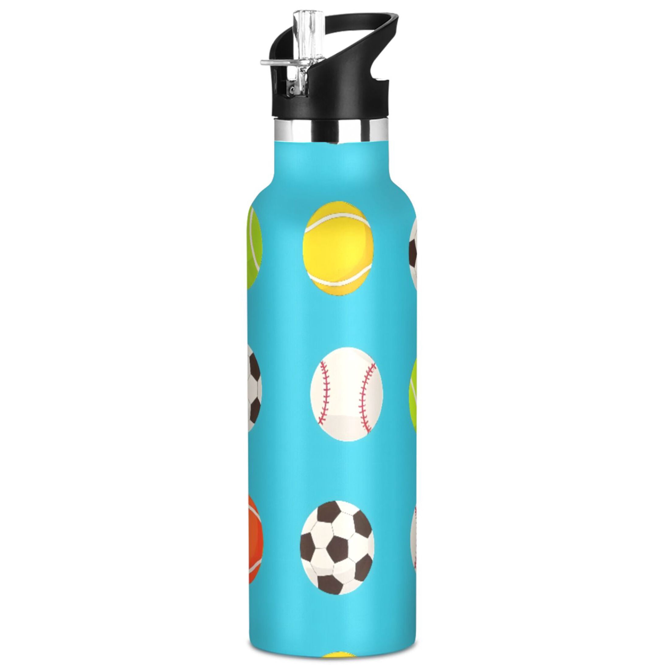 ALAZA Tennis Balls Footballs Pattern Stainless Steel Water Bottle Vacuum Insulated Leak-Proof Tumbler with Straw Handle 20oz