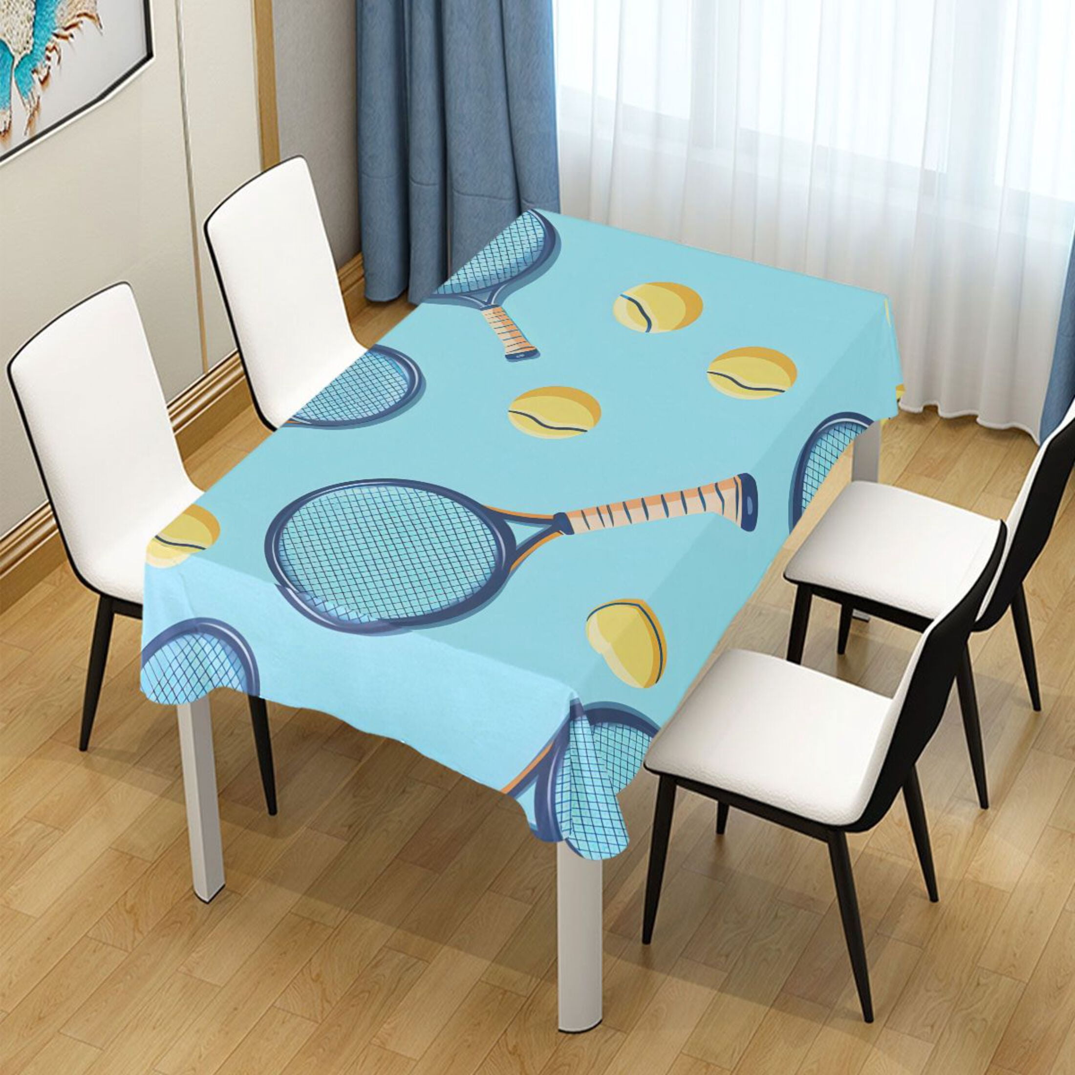ALAZA Tennis Racket Ball on Blue Rectangle Tablecloth Tablecover ...