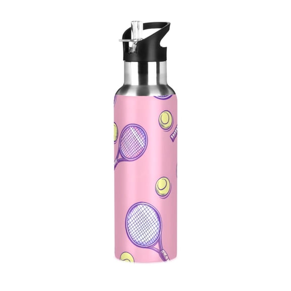 ALAZA Tennis Racket Ball on Pink Water Bottle Insulated Flask Stainless Steel Straw Lid 20 oz