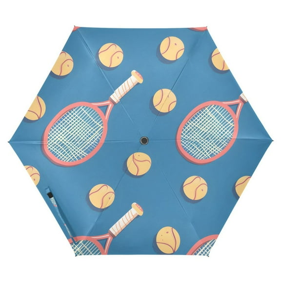 ALAZA Tennis Racket Balls on Blue UPF 50+ Compact Folding Umbrella for Rain Travel Umbrella Packable