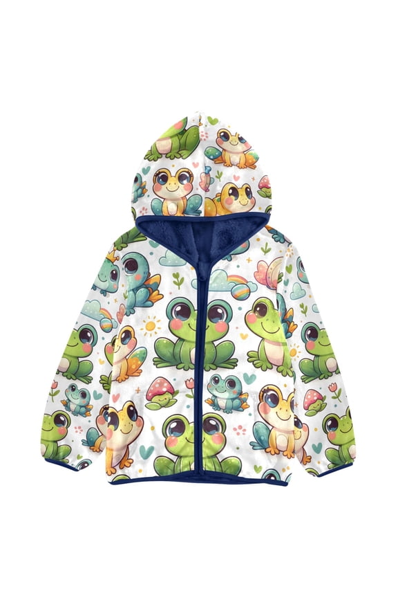 Toddler Polar Fleece Jacket Cartoon Frog and Mushrooms Kids Hooded Warm Coats Outerwear 9-10T