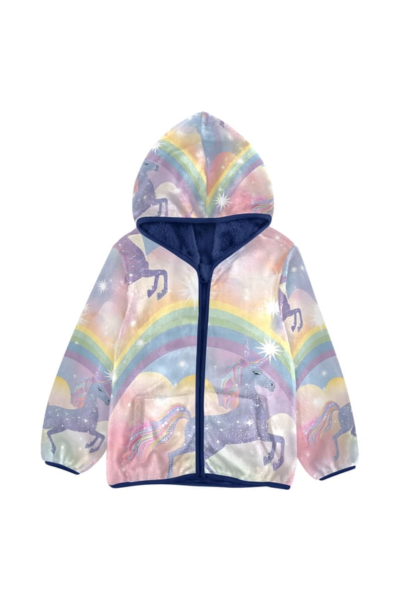 Toddler Polar Fleece Jacket Glitter Unicorns and Rainbows Kids Hooded Warm Coats Outerwear 7-8T