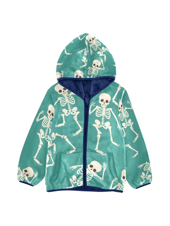 Toddler Polar Fleece Jacket Skeleton Dancing Skull Kids Hooded Warm Coats Outerwear 4T