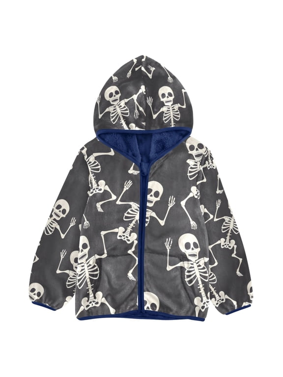 Toddler Polar Fleece Jacket Skull Skeleton Dancing Kids Hooded Warm Coats Outerwear 3T