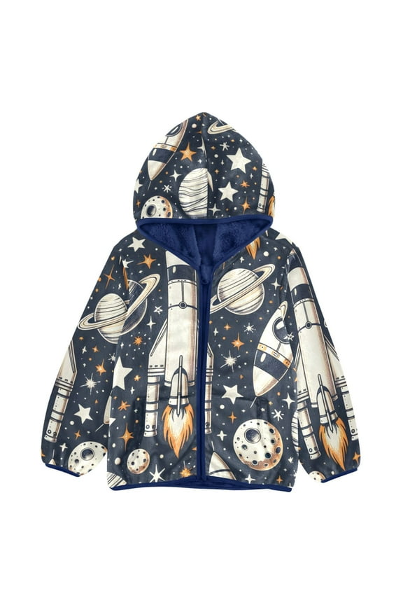 Toddler Polar Fleece Jacket Universe Outer Space Rocket Kids Hooded Warm Coats Outerwear 6T