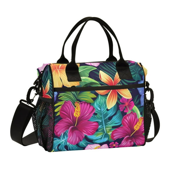 ALAZA Tropical Flowers Insulated Lunch Bag Reusable Tote Box Adjustable Shoulder Strap for Work Picnic