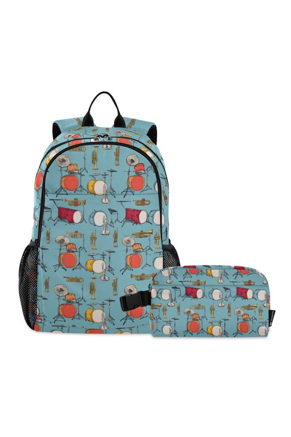 Trumpet Drums Pattern School Backpack Lunch Box Set Student Bookbag