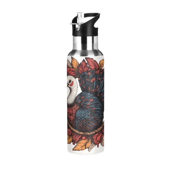 ALAZA Turkey in Flower Ring Water Bottle Insulated Flask Stainless Steel Straw Lid 20 oz
