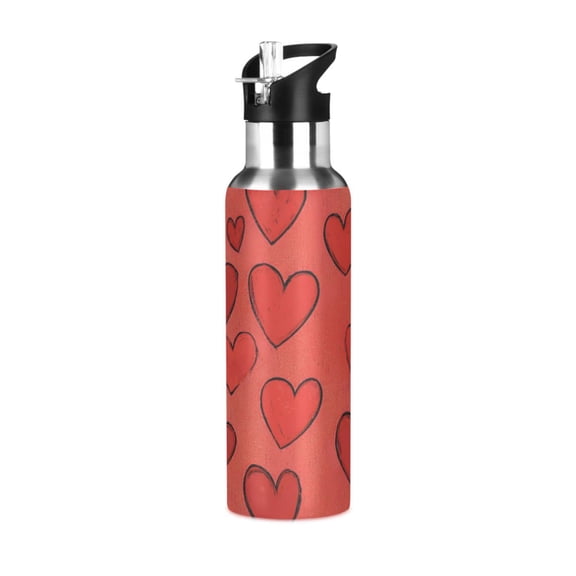 ALAZA Valentain's Red Hearts Pattern Water Bottle Insulated Flask Stainless Steel Straw Lid 20 oz