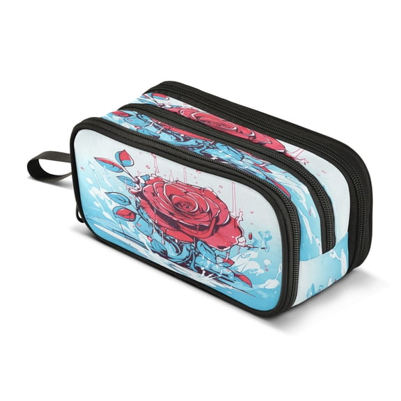 ALAZA Valentine's Roses Flower Pencil Case Bag 3 Compartment Pen Pouch Large Storage Holder Box Organizer