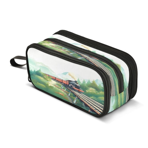 ALAZA Vehicle Train Landscape Pencil Case Bag 3 Compartment Pen Pouch Large Storage Holder Box Organizer