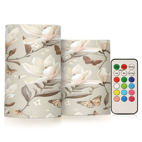 ALAZA Vintage Magnolia Flowers Butterflies 2 PCs LED Flickering Flameless Candles with Remote Timer Battery Operated Candle