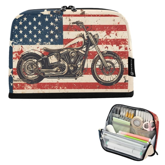 ALAZA Vintage Motorcycle on America Flag Pencil Case Pen Pouch Bag Large Capacity Organizer