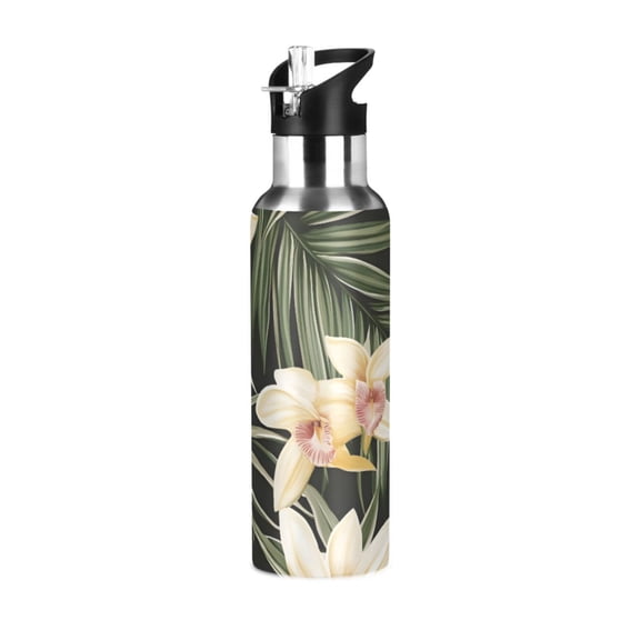 ALAZA Vintage Orchid Flower Water Bottle Insulated Flask Stainless Steel Straw Lid 20 oz
