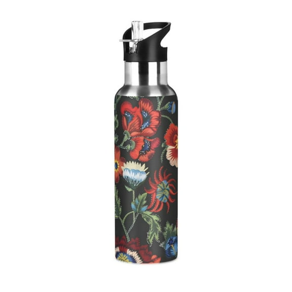 ALAZA Vintage Retro Flowers Water Bottle Insulated Flask Stainless Steel Straw Lid 20 oz