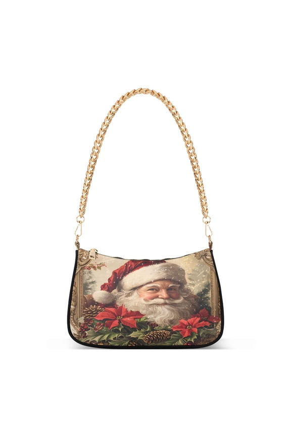 Vintage Santa Claus Poinsettia Women's Chain Shoulder Bag Hobo Handbag Tote Crossbody Purse