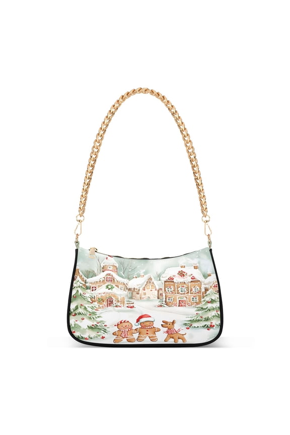 Watercolor Christmas View Women's Chain Shoulder Bag Hobo Handbag Tote Crossbody Purse