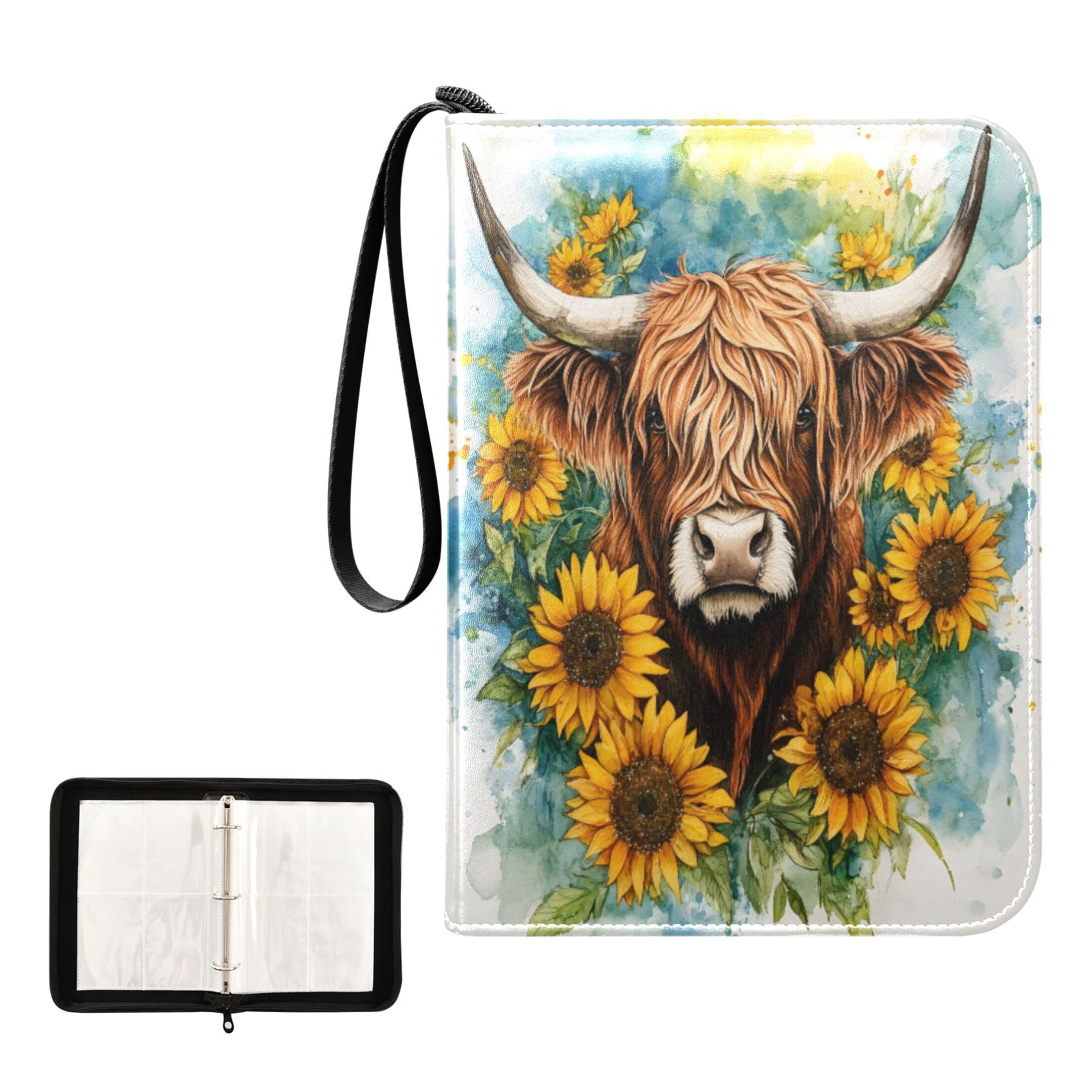 ALAZA Watercolor Highland Cattle Trading Card Binder 4 Pocket Cards Collection Album 400 Folder Holder