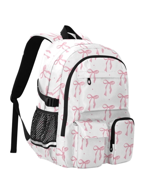 Watercolor Pink Bow Print Student Backpack School Bookbag Large Laptop Daypack Travel Bag
