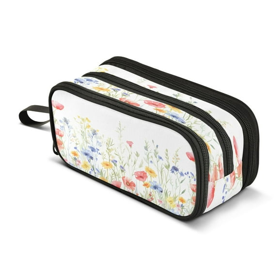 ALAZA Watercolor Poppy Floral Pencil Case Bag 3 Compartment Pen Pouch Large Storage Holder Box Organizer