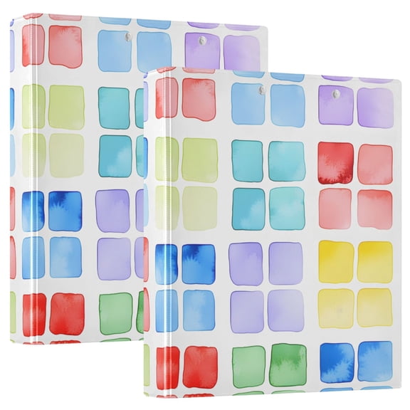 ALAZA Watercolor Rainbow Squares Hardcover 3 Ring Binder 1.5" Round Rings Interior Pockets Binders Organizer 2 Pack