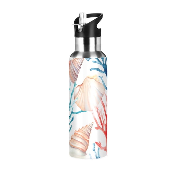 ALAZA Watercolor Seashell Coral Water Bottle Insulated Flask Stainless Steel Straw Lid 20 oz