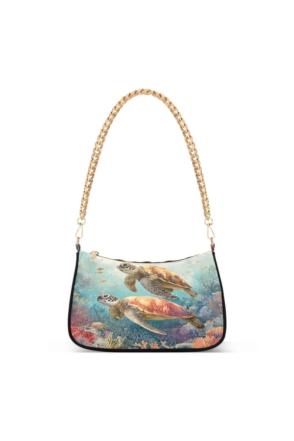 Watercolor Turtles in Sea Women's Chain Shoulder Bag Hobo Handbag Tote Crossbody Purse