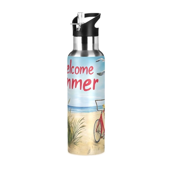 ALAZA Welcome Summer Beach Water Bottle Insulated Flask Stainless Steel Straw Lid 20 oz