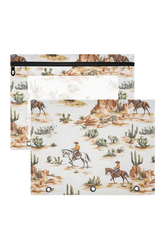 Western Cowboy Horses Pattern Pencil Pouch 3 Ring Binder with Clear Window Organizers Case Bag 2PCs