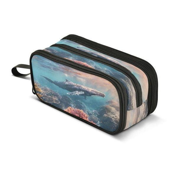ALAZA Whale Swims in The Sea Pencil Case Bag 3 Compartment Pen Pouch Large Storage Holder Box Organizer