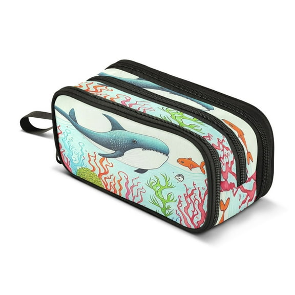 ALAZA Whale in Sea Pencil Case Bag 3 Compartment Pen Pouch Large Storage Holder Box Organizer