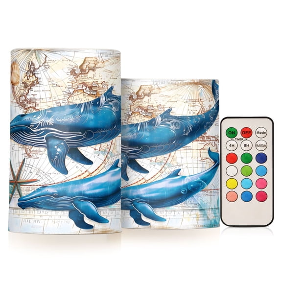 ALAZA Whale with World Map 2 PCs LED Flickering Flameless Candles with Remote Timer Battery Operated Candle