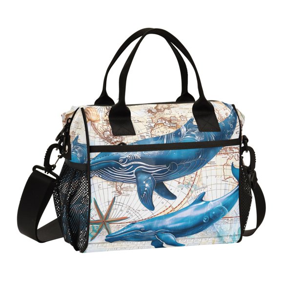 ALAZA Whale with World Map Insulated Lunch Bag Reusable Tote Box Adjustable Shoulder Strap for Work Picnic