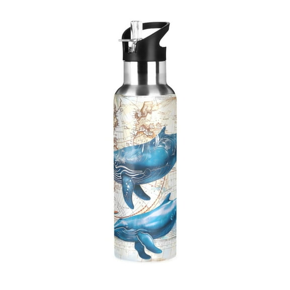 ALAZA Whale with World Map Water Bottle Insulated Flask Stainless Steel Straw Lid 20 oz