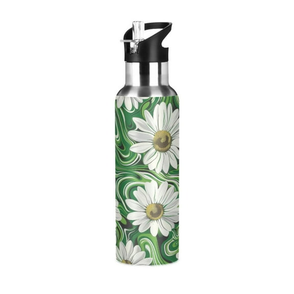 ALAZA White Daisy in Green Liquid Water Bottle Insulated Flask Stainless Steel Straw Lid 20 oz