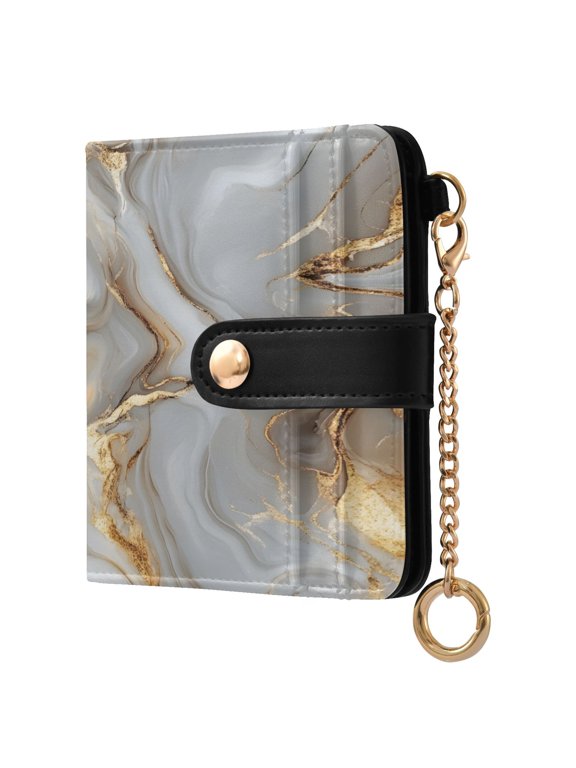 White Gold Marble Pattern RFID Blocking Bifold Wallet Women Compact Card Holder with ID Window Zipper Coin Pocket