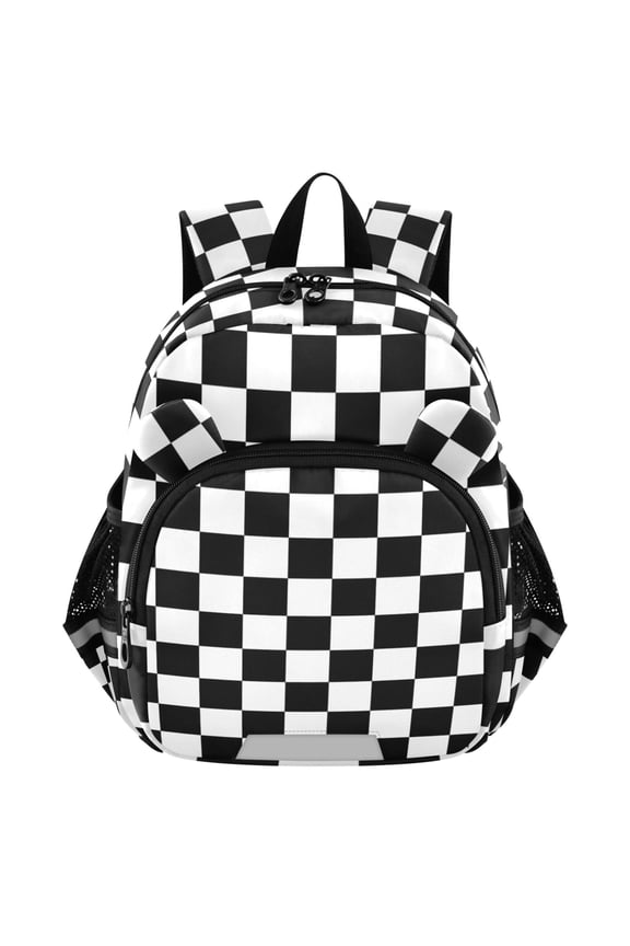 White and Black Checkered Grid Art Pattern Mini Backpack School Bookbag Age 3-7 Medium
