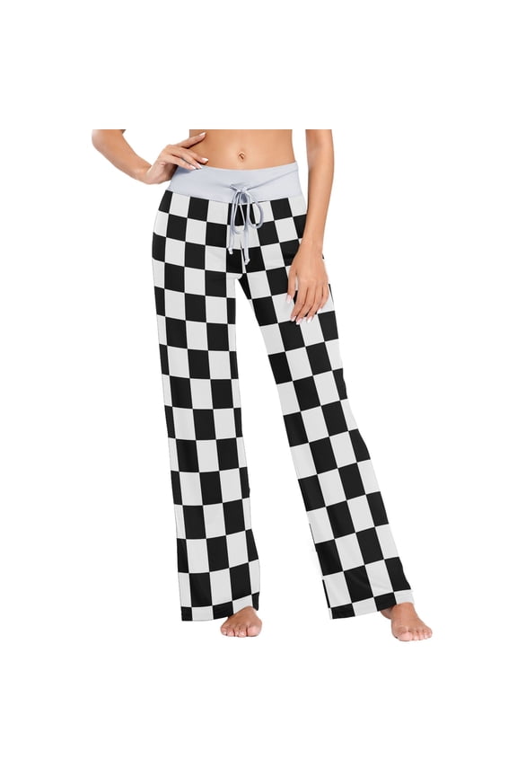 White and Black Checkered Grid Art Pattern Women's Comfy Pajama Pants Sleepwear Wide Leg Drawstring Bottoms L