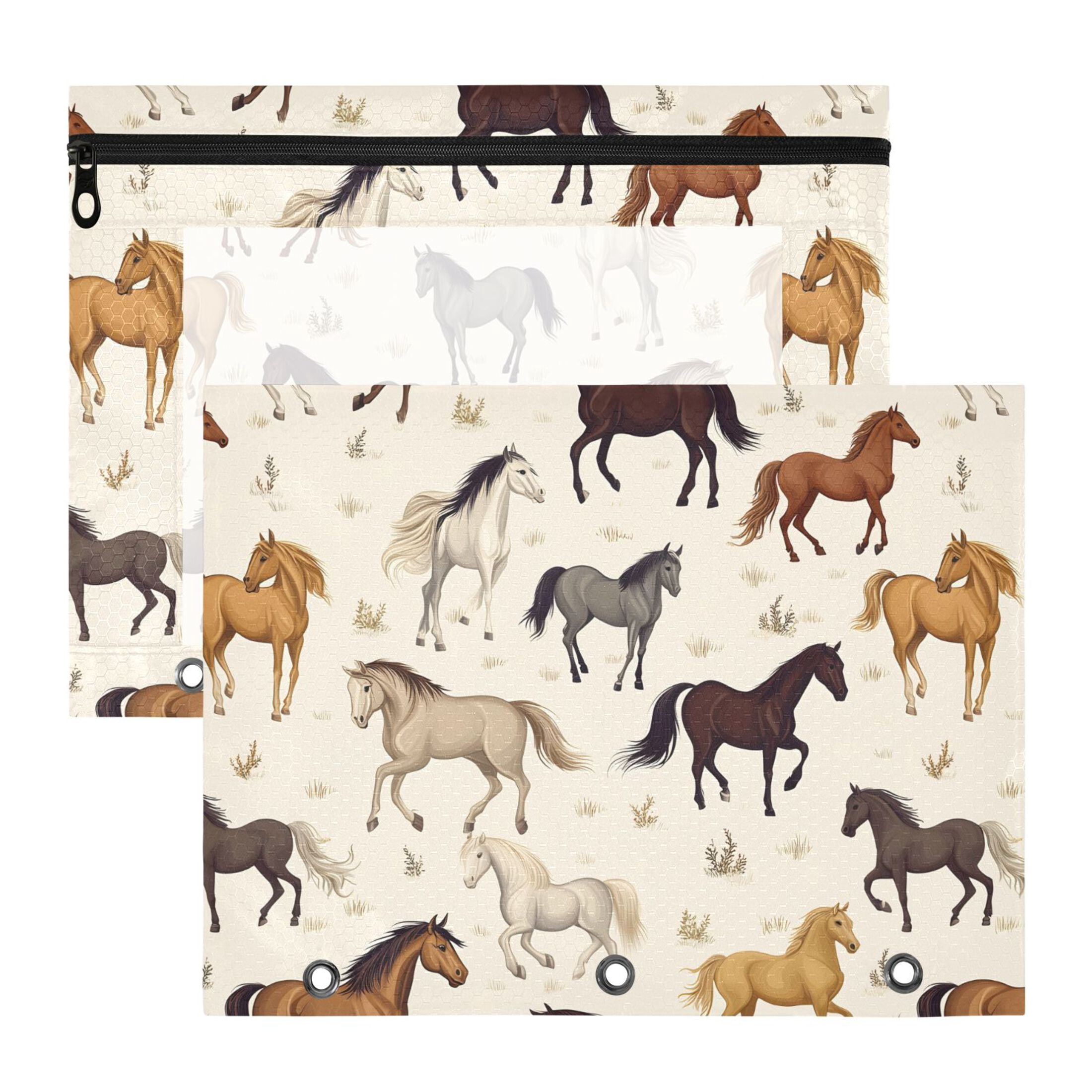 ALAZA Wild Horses Pattern Pencil Pouch 3 Ring Binder with Clear Window Organizers Case Bag 2PCs