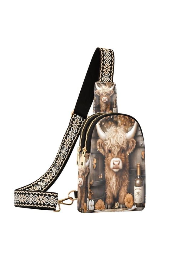 Wine Highland Cattle Sling Bag for Women Men Waterproof Crossbody Chest Bags